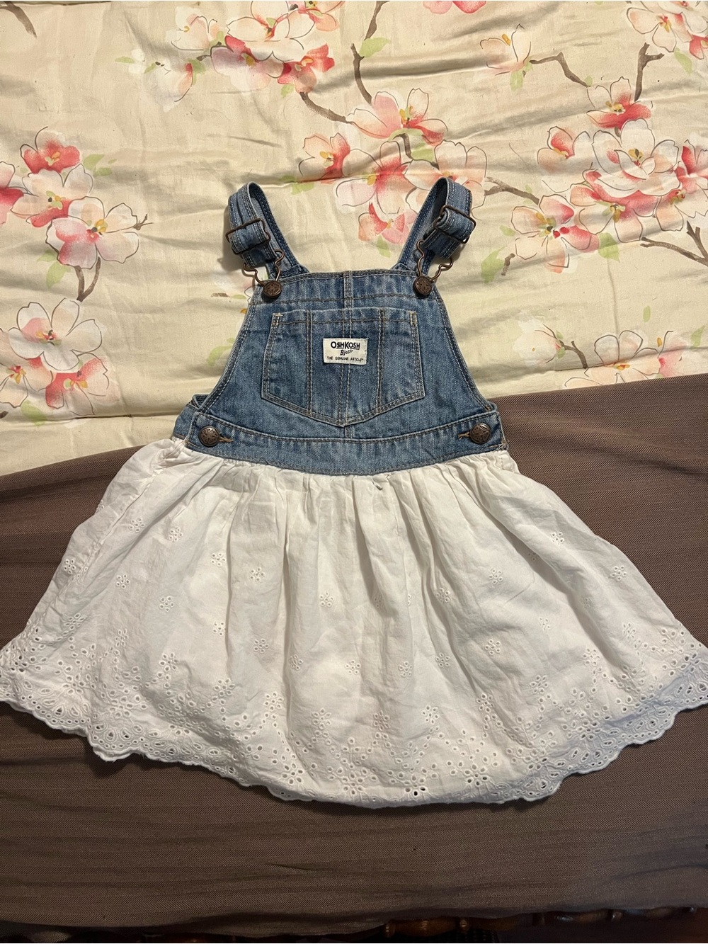 Oshkosh B'Gosh Denim Jumper Summer Dress White Eyelet Skirt Vestbak 5T Toddler